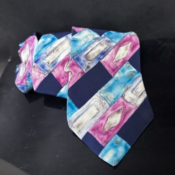 Louis Feraud Pink Turquoise Silk Tie Painting Watercolor Modern Art Blue - Picture 3 of 8